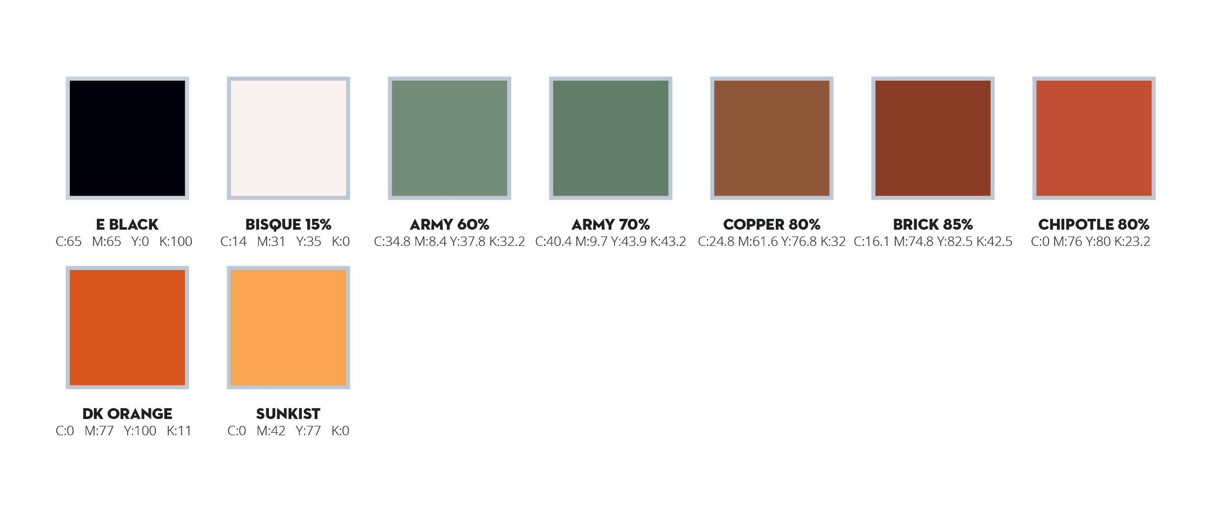 The Cycling House desert tones production color swatches with CMYK values