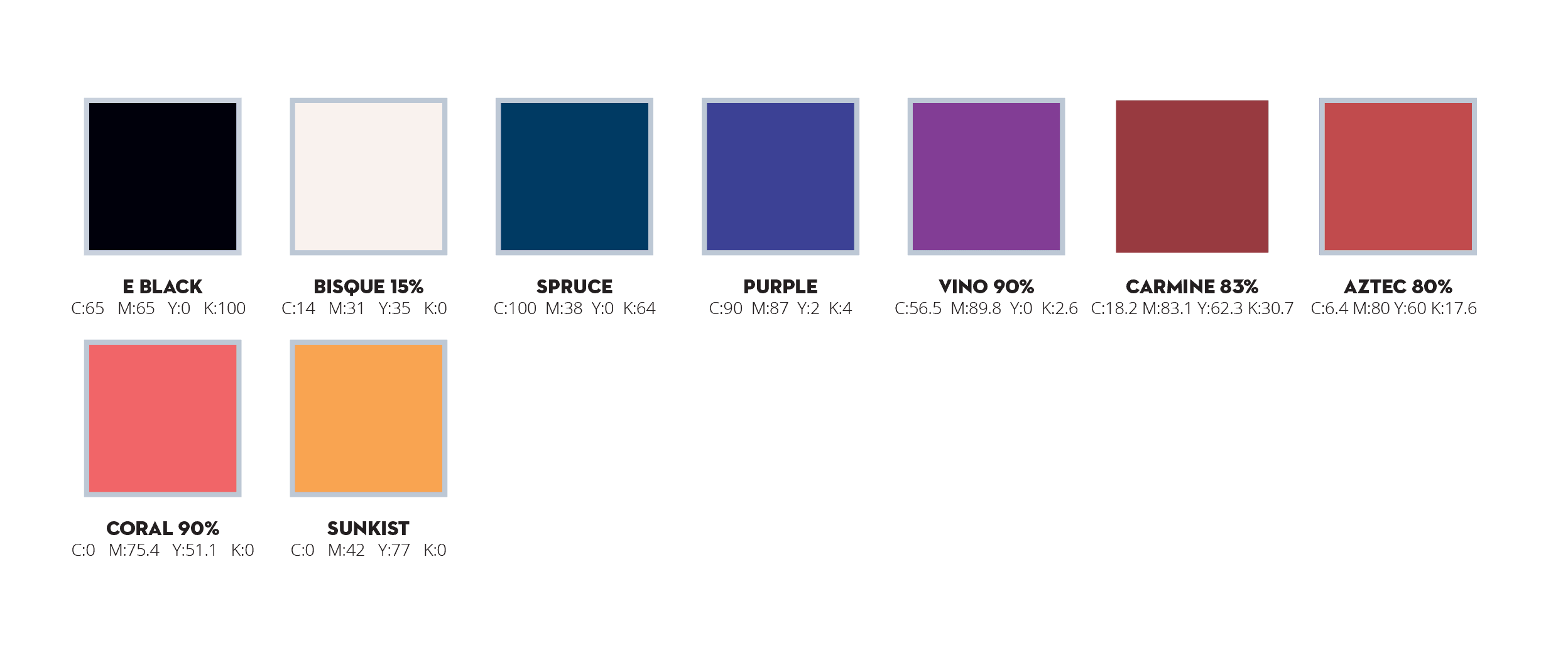 The Cycling House desert sunset production color swatches with CMYK values