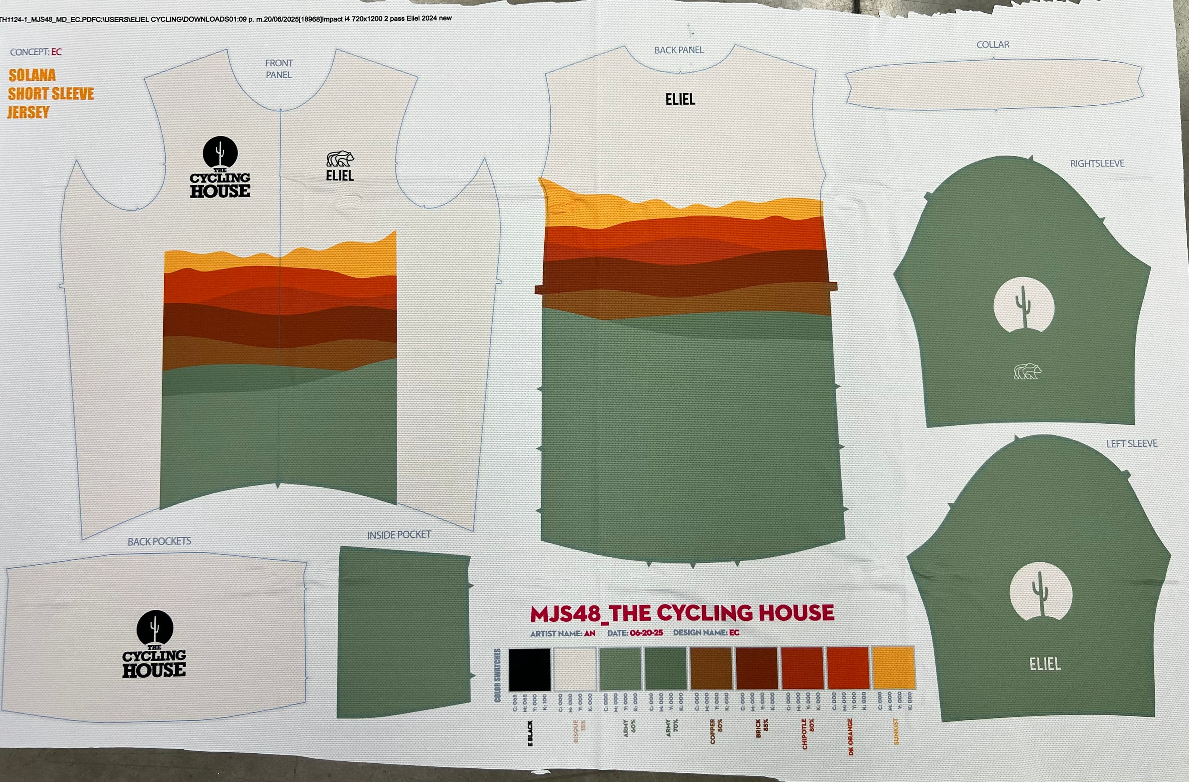 Green desert-tone Cycling House fabric test print showing jersey panels and color swatches