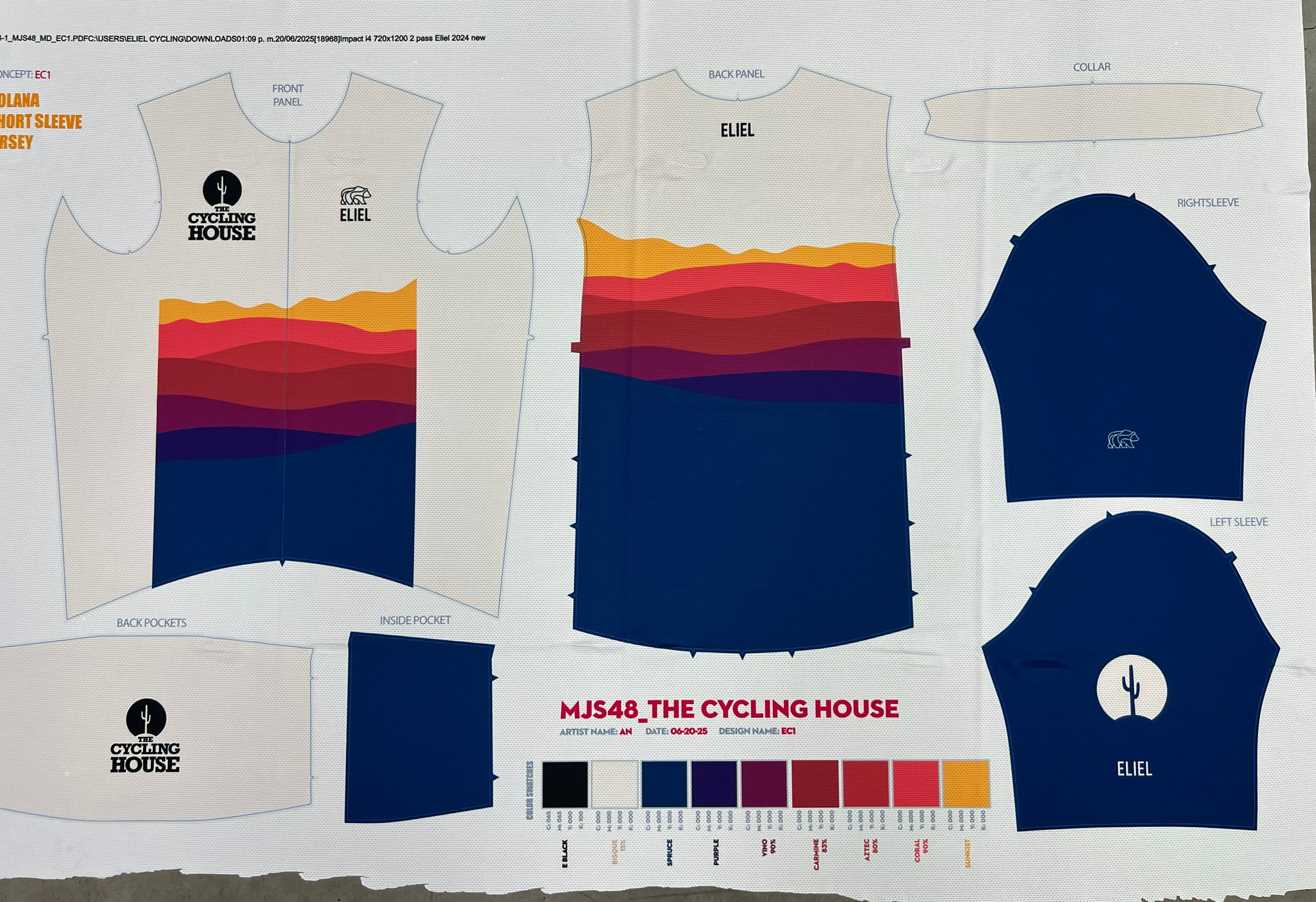 Navy desert-sunset Cycling House fabric test print showing jersey panels and color swatches