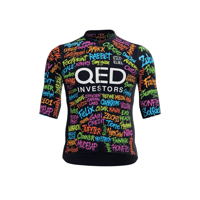 QED Investors colorful typography jersey