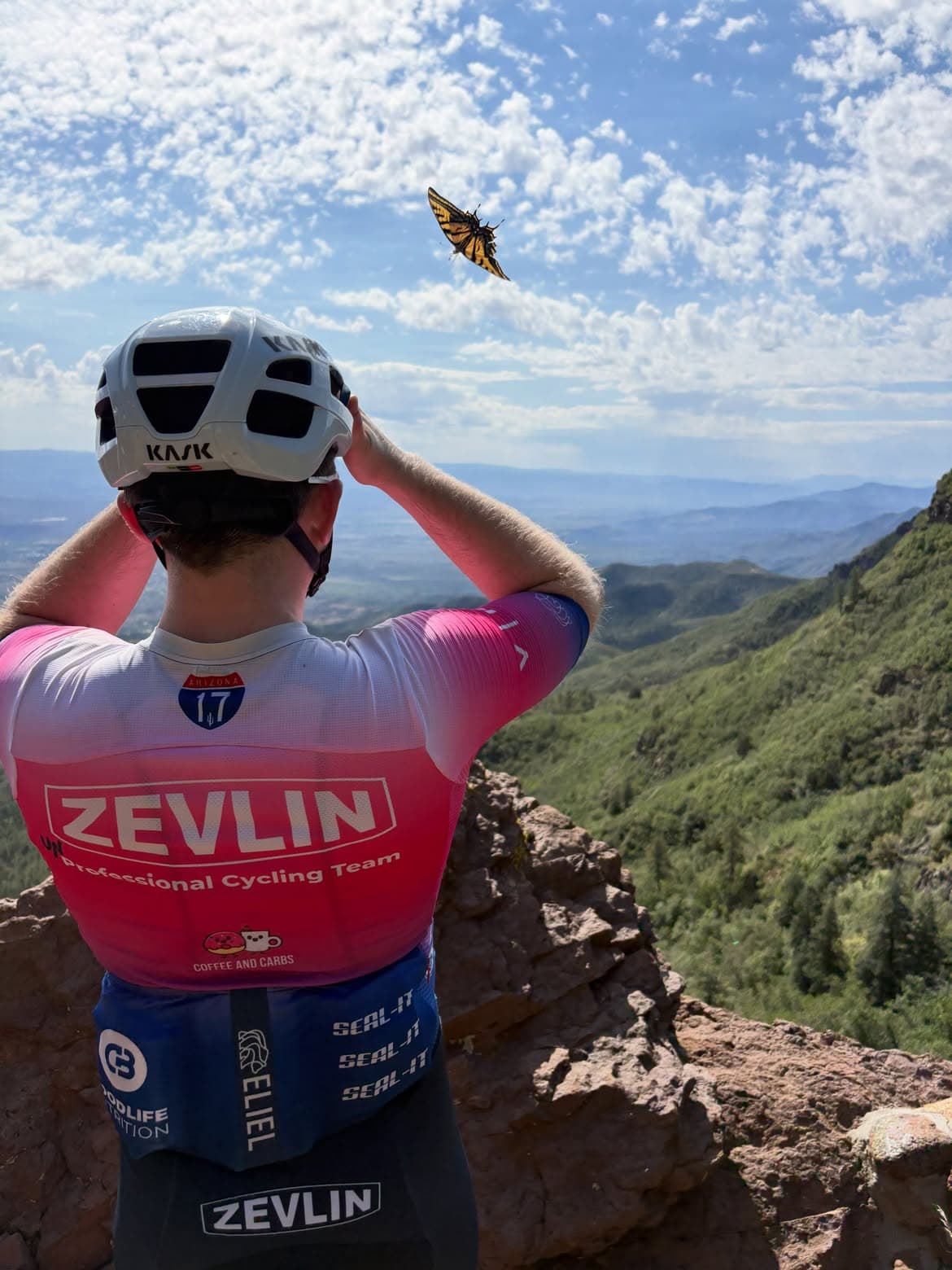 Cyclist in a pink and blue Zevlin kit overlooking the mountains