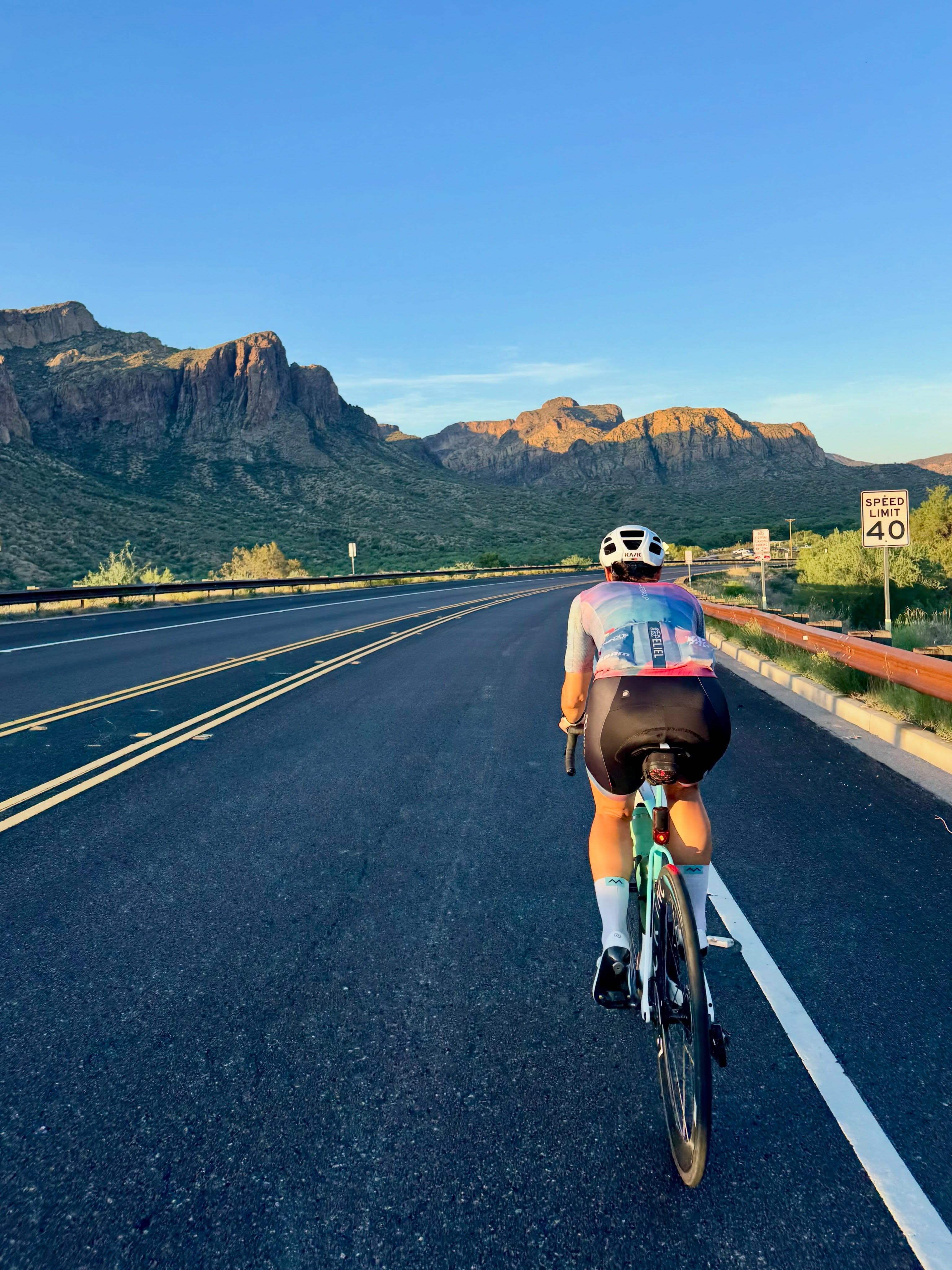 Rear view of the Regroup kit on a mountain road ride