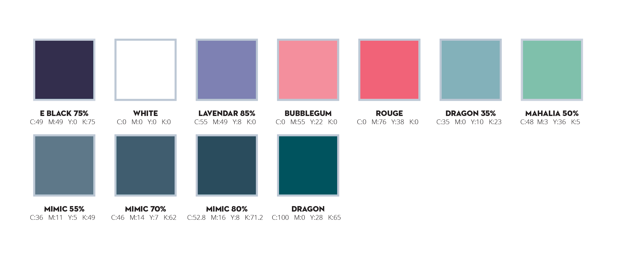 Regroup Rouge production color swatches with CMYK values